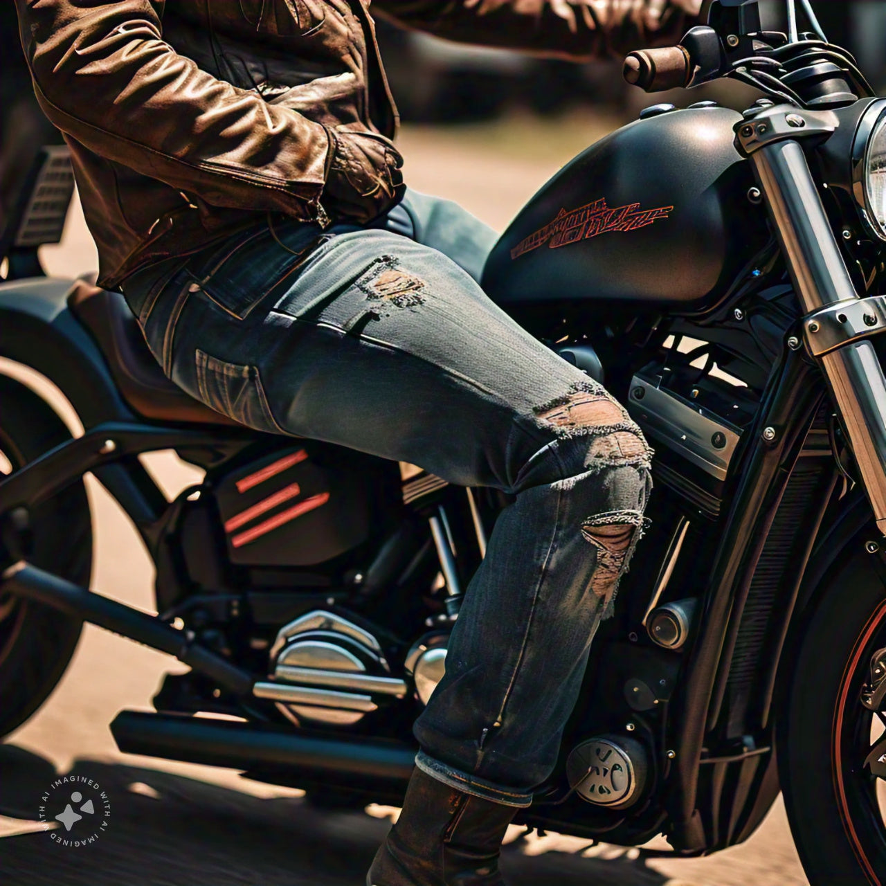 Old pair of dangerous jeans on a motorcycle